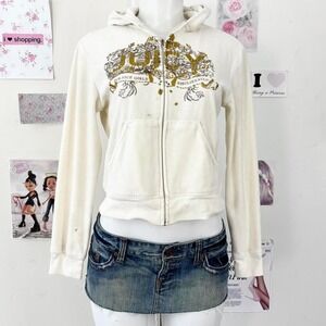Vintage White Juicy Couture Velour Hoodie Gold Graphic – Size XS